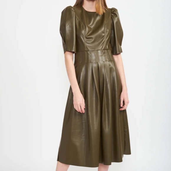 En Saison Dresses & Skirts - En Saison Lana Pu Olive Green Pleated Puff Sleeves Faux Leather Midi Dress M